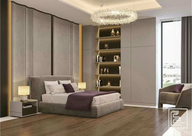 Modern-bedroom-interior-design-services-in-Kasaragod-with-customized-wardrobe-and-ambient lighting